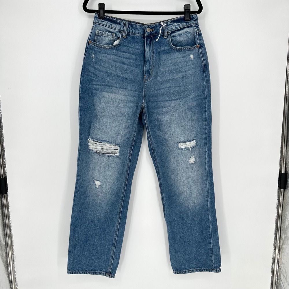 Cello Blue Distressed Straight Denim Mom Jeans Faded Casual Everyday Cotton 11